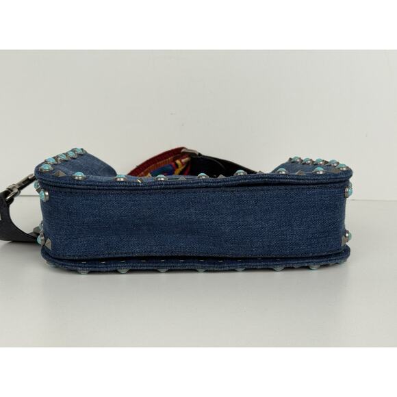 Valentino Rolling Rockstud Denim and Leather Shoulder Bag with Multicolor Strap - Picture 8 of 16